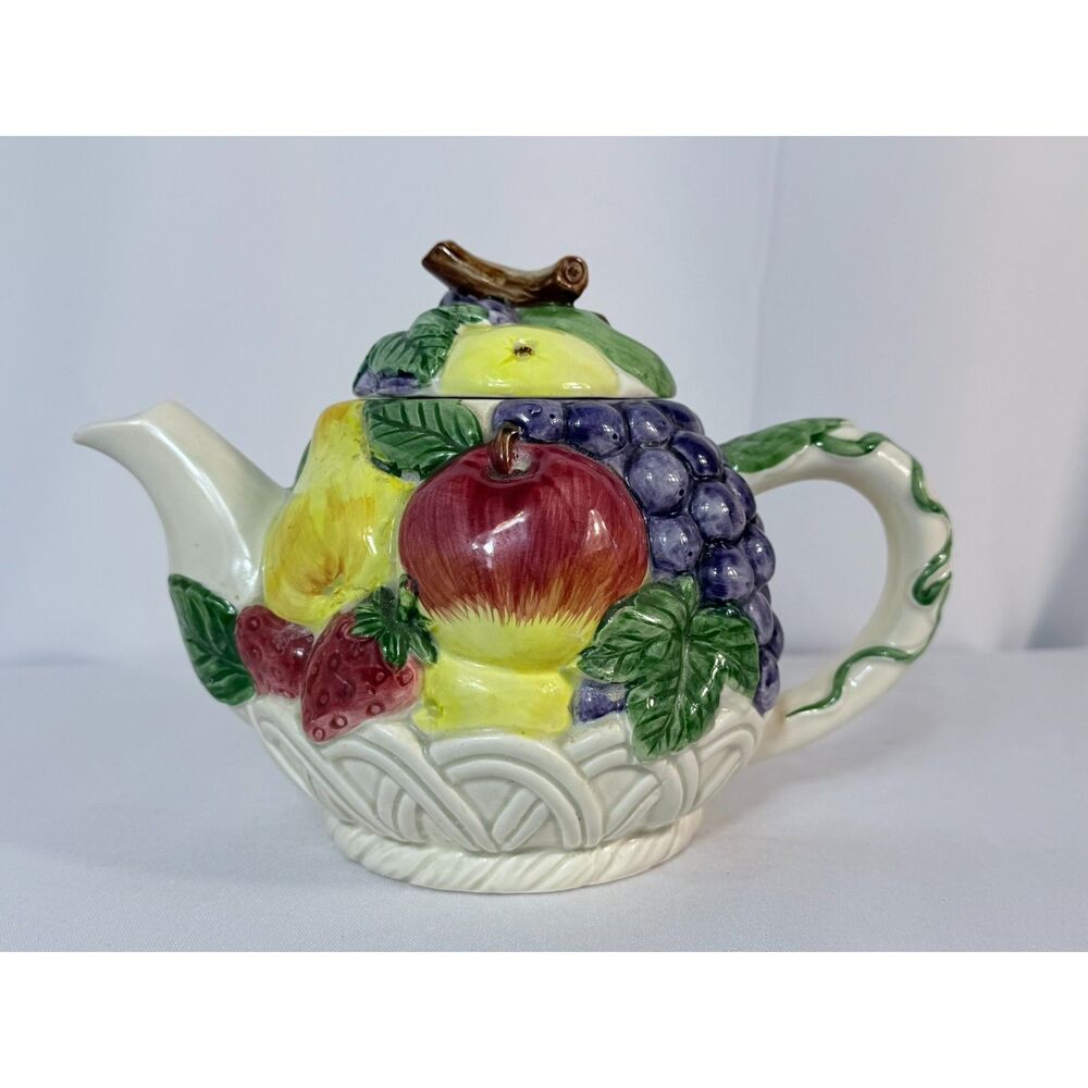 VTG Otagiri Majolica Fruit Basket Weave Teapot Japan Hand Painted Grapes Apple